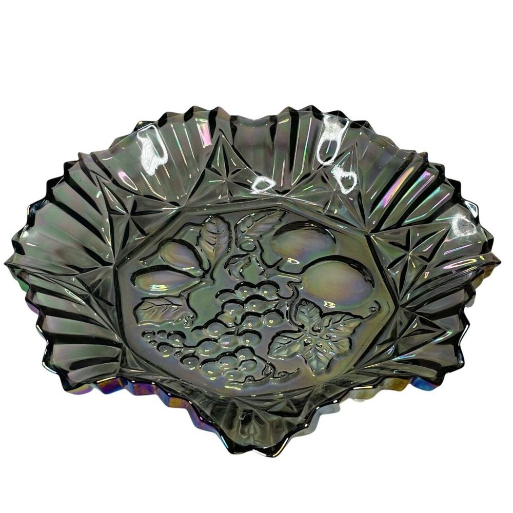 Vintage Smoky Ruffled Carnival Glass Candy Dish Bowl Grapes Cherries 10.25 in - Picture 1 of 5